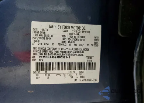 2018 Ford Edge Sel from USA, damaged, VIN 2FMPK4J92JBC59341